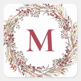 Burgundy Berries Wreath Monogram Holiday Quadratischer Aufkleber