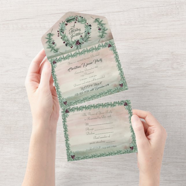 Burgundy Berry Holly Pine Christmas All In One Einladung (Abreißen)