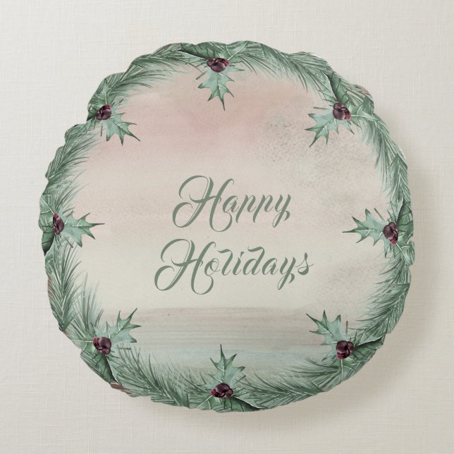 Burgundy Berry Holly Pine Christmas Round Pillow Rundes Kissen (Vorderseite)