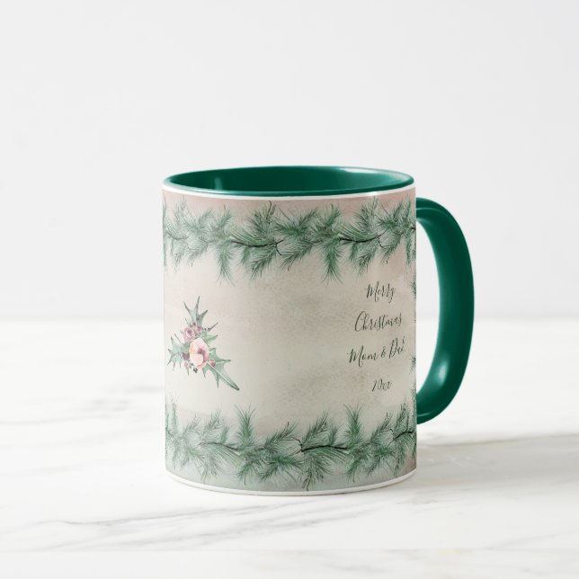 Burgundy Berry Holly Pine Christmas Tasse (VorderseiteRechts)