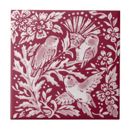 Burgundy Birds Thistle Floral Woodland Fliese