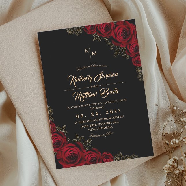 Burgundy Black and Gold Rose Floral Boho Wedding Einladung (Von Creator hochgeladen)