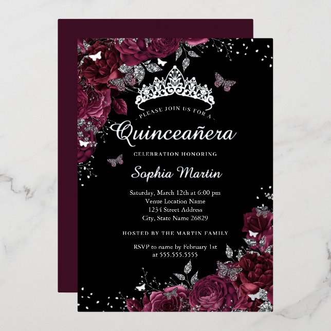 Burgundy Black Floral Elegant Silver Quinceanera Folieneinladung (Vorderseite/Rückseite)