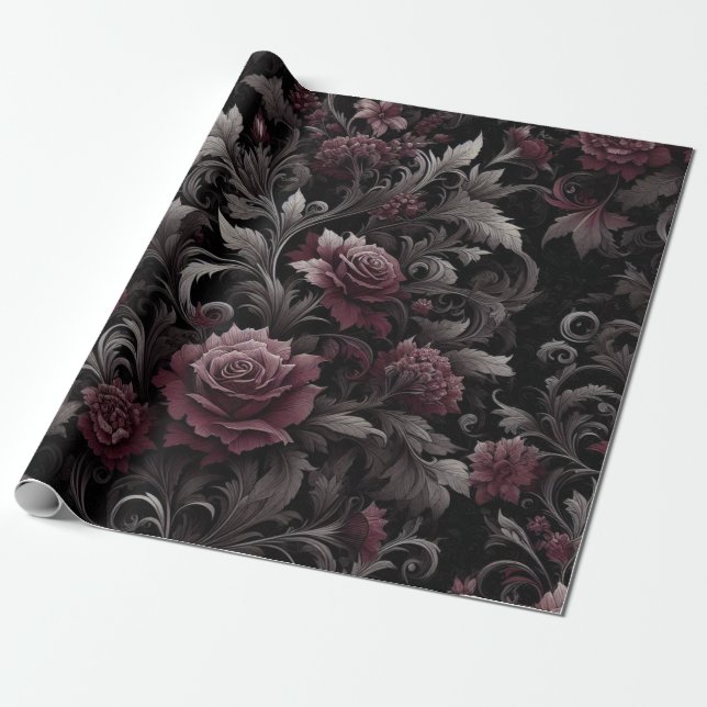 Burgundy Black Floral Geschenkpapier (Ungerollt)
