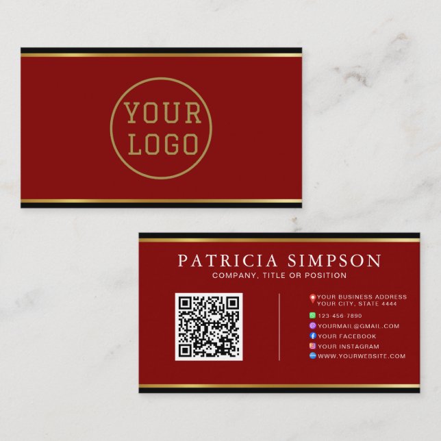 Burgundy Black Gold | QR Code, Logo & Social Media Visitenkarte (Vorne/Hinten)
