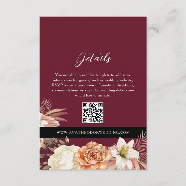 Burgundy Black Wedding Details QR Karte (Vorderseite)