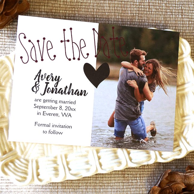 Burgundy Black Wedding Save the Date Foto Postkarte (Cute heart themed wedding save the date postcard with photo, violet and black)