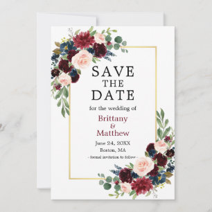 Burgundy Blauer Blume Eleganter Goldrahmen Save The Date