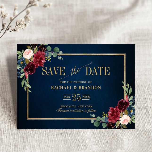 Burgundy Blauer Navy Blauer Goldrahmen Save the Da (Burgundy Red Floral Navy Blue Gold Frame Save the Date)