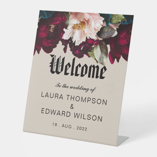 Burgundy Bliss: Elegantes Blumenmuster in Win Sockelschild (Vorderseite)