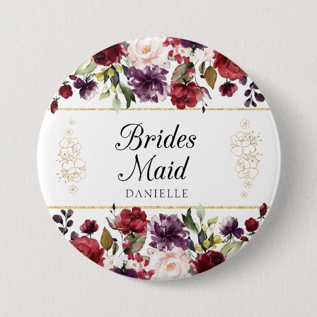 Burgundy Bliss Floral Bridesmaid Mit Monogramm But Button (Vorderseite)