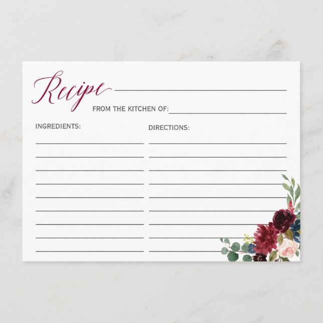 Burgundy Bloom Bloral Brautparty Rezept Card Begleitkarte (Vorderseite)
