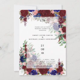 Burgundy Bloom Boho Blue Pink Rose Wedding Overlay Einladung