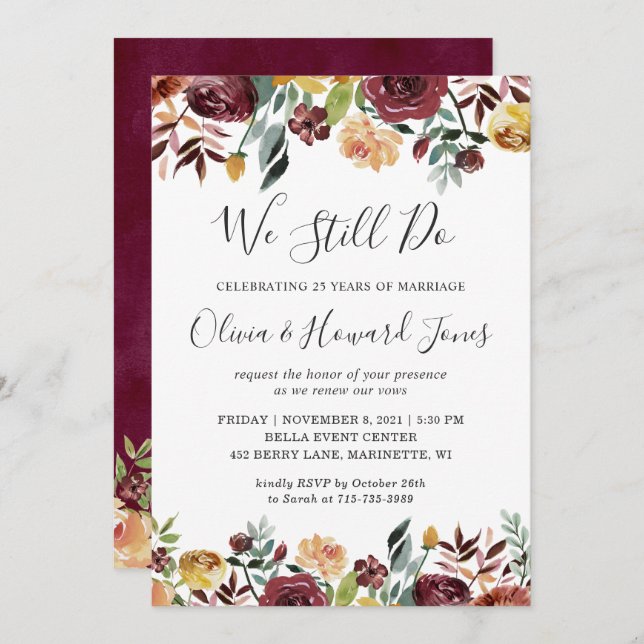 Burgundy Bloom Floral wir noch machen Vow Erneueru Einladung (Vorne/Hinten)