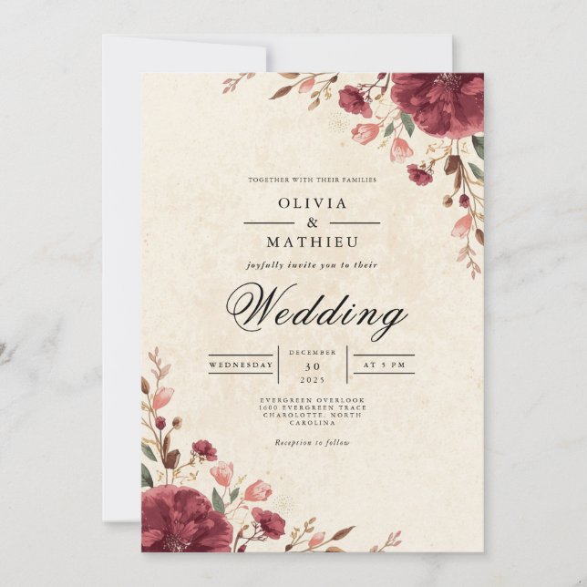 Burgundy Bloom Romantic Arch Wedding Einladung (Vorderseite)