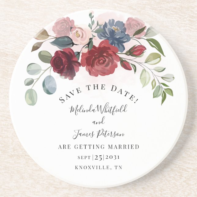 Burgundy Bloom Rustikale Floral Save the Date Getränkeuntersetzer (Vorne)