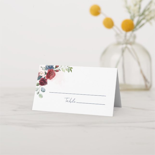 Burgundy Bloom Watercolor Wedding Platzkarte (Vorderseite)
