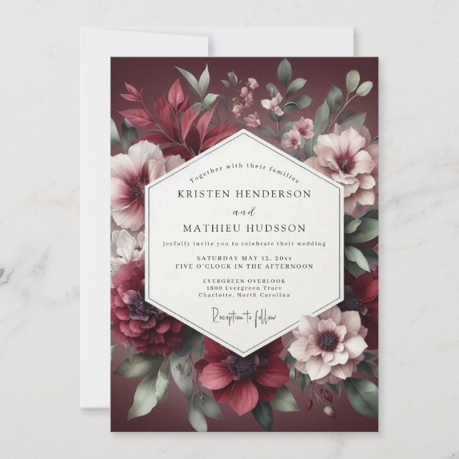 Burgundy Bloom Wedding Einladung (Vorderseite)
