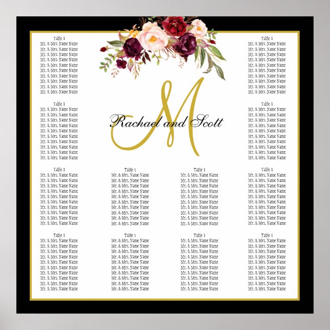 Burgundy Bloral Black Gold Hochzeitstabelle Poster (Vorne)
