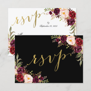 Burgundy Bloral Black Imitats Gold Foil Wedding RS Einladung