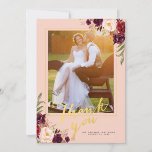 Burgundy Bloral Blush Pink Gold Foto Hochzeit Dankeskarte