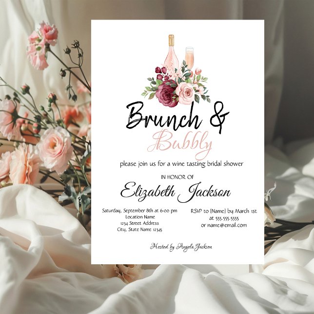 Burgundy Bloral Brunch & Bubbly Brautparty Einladung (Von Creator hochgeladen)