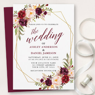 Burgundy Bloral Calligraphy Geometric Wedding Einladung