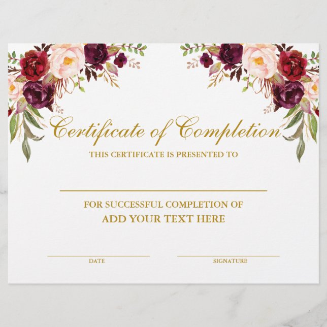 Burgundy Bloral Certificate of Completion Gold (Vorderseite)