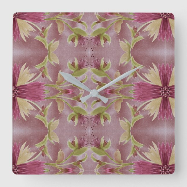 Burgundy Bloral Clock Quadratische Wanduhr (Vorderseite)