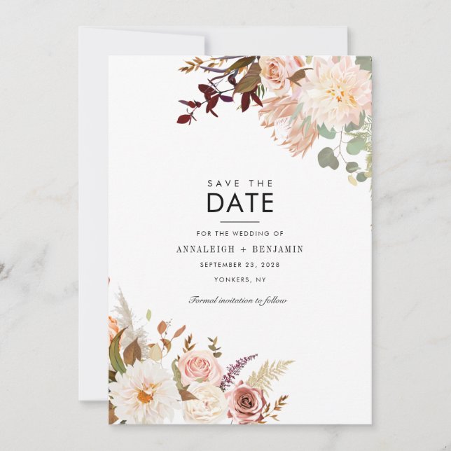 Burgundy Bloral Eukalyptus Modern Save the Date (Vorderseite)