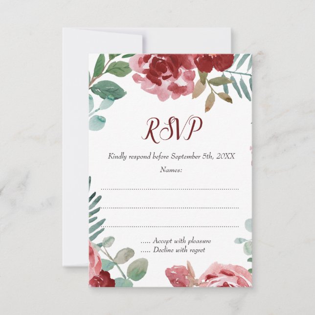 Burgundy Bloral Rose Foliage Wedding RSVP Karten (Vorderseite)