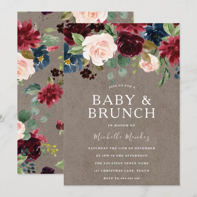 Burgundy Bloral Rustic Baby Showbrunch Einladung (Vorne/Hinten)