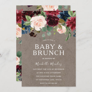 Burgundy Bloral Rustic Baby Showbrunch Einladung