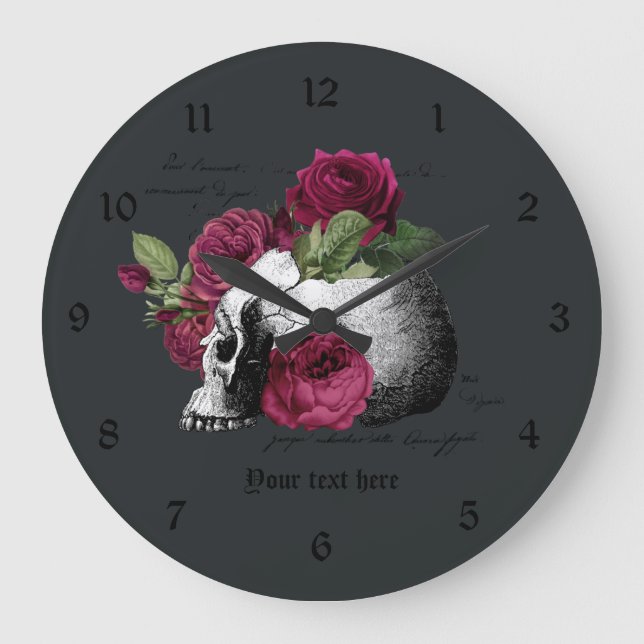 Burgundy Bloral Skull Gothic Skull Große Wanduhr (Vorderseite)