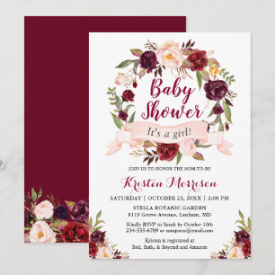 Burgundy Bloral Wreath Blush Ribbon Babydusche Einladung