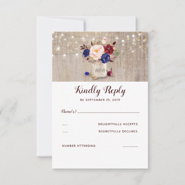Burgundy Blue and Blush Blume Rustikale UAWG RSVP Karte (Vorderseite)