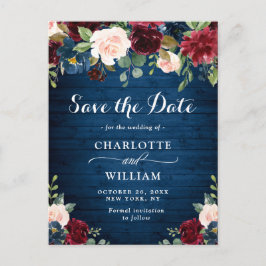 Burgundy Blue Blush Bloral Wedding Save the Date Postkarte
