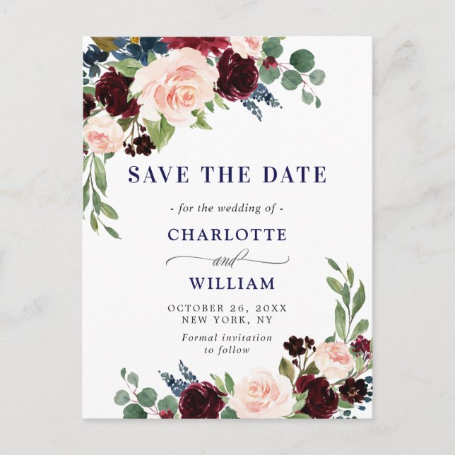 Burgundy Blue Blush Bloral Wedding Save the Date Postkarte (Vorderseite)