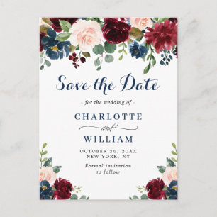 Burgundy Blue Blush Bloral Wedding Save the Date Postkarte