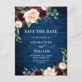 Burgundy Blue Blush Bloral Wedding Save the Date Postkarte