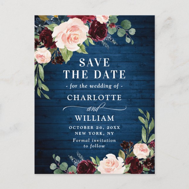 Burgundy Blue Blush Rustic Wedding Save the Date Ankündigungspostkarte (Vorderseite)