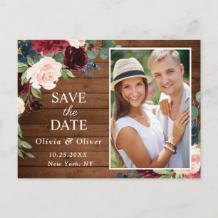 Burgundy Blue Blush Rustic Wedding Save the Date Ankündigungspostkarte