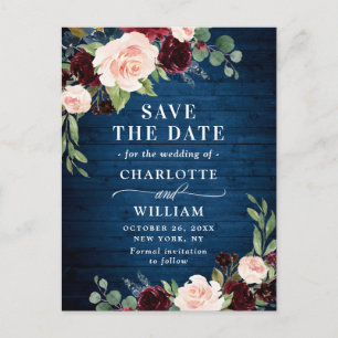 Burgundy Blue Blush Rustic Wedding Save the Date Postkarte