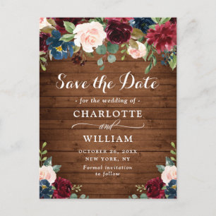 Burgundy Blue Blush Rustic Wedding Save the Date Postkarte