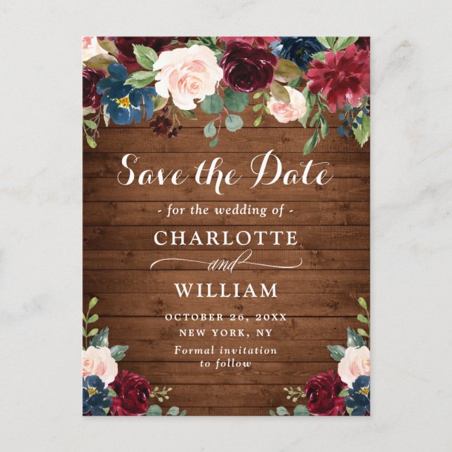 Burgundy Blue Blush Rustic Wedding Save the Date Postkarte (Vorderseite)