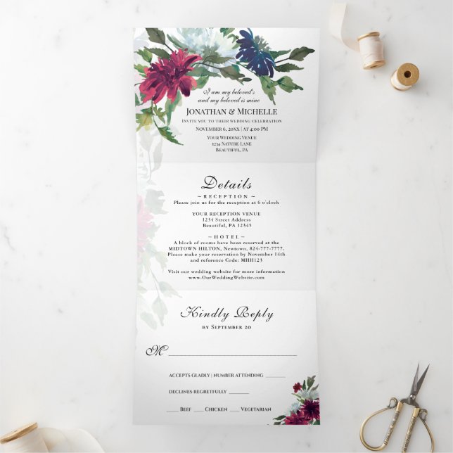 Burgundy Blue Floral All in One Christlich Wedding Dreifach Gefaltete Einladung (Innenseite)