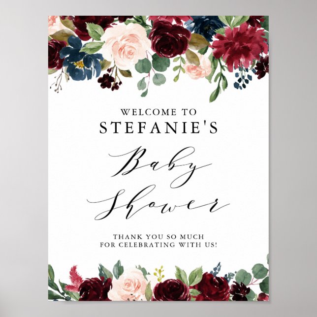 Burgundy & Blue Floral Garland Baby Dusche Willkom Poster (Vorne)