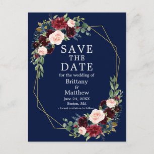 Burgundy Blue Floral Geo Frame Save the Date Postkarte