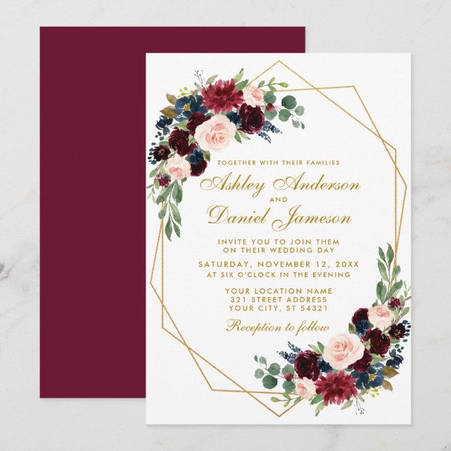Burgundy Blue Floral Geometric Gold Wedding Einladung (Vorne/Hinten)