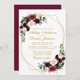 Burgundy Blue Floral Geometric Gold Wedding Einladung